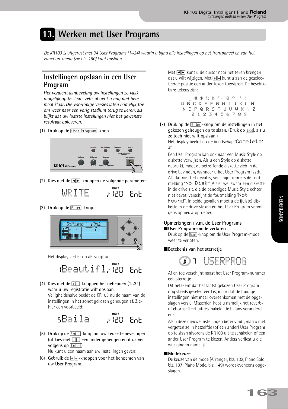 Werken met user programs, Instellingen opslaan in een user program, Vier 34 user program-geheugens. zie blz. 163 | Program opslaan (zie blz. 163), Opgeslagen (zie blz. 163), Zie blz. 163), Opslaan (zie blz. 163), Write, Beautifl, Baila | Roland KR103 User Manual | Page 165 / 186