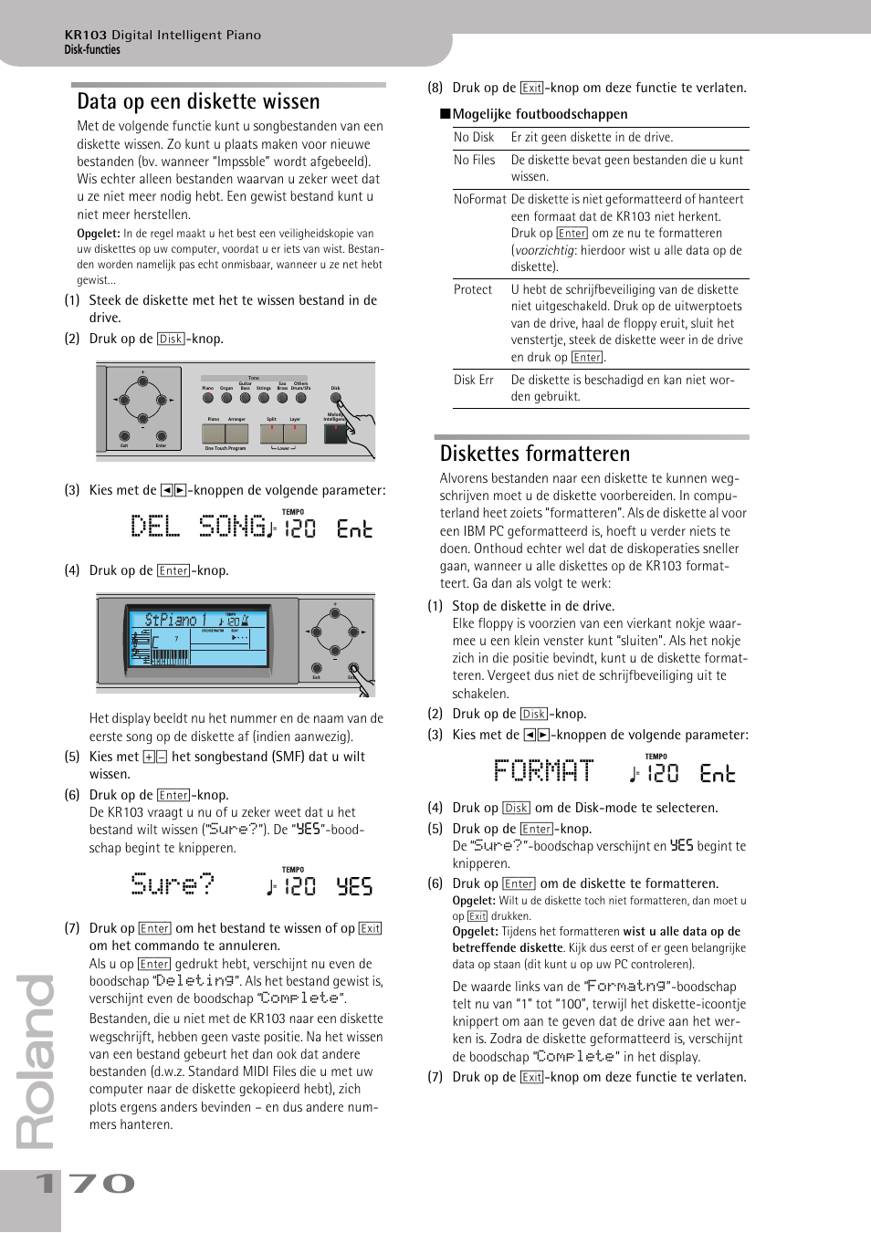 Data op een diskette wissen diskettes formatteren, Del song, Sure | Format, Data op een diskette wissen, Diskettes formatteren, 120 ent, 120 yes | Roland KR103 User Manual | Page 172 / 186