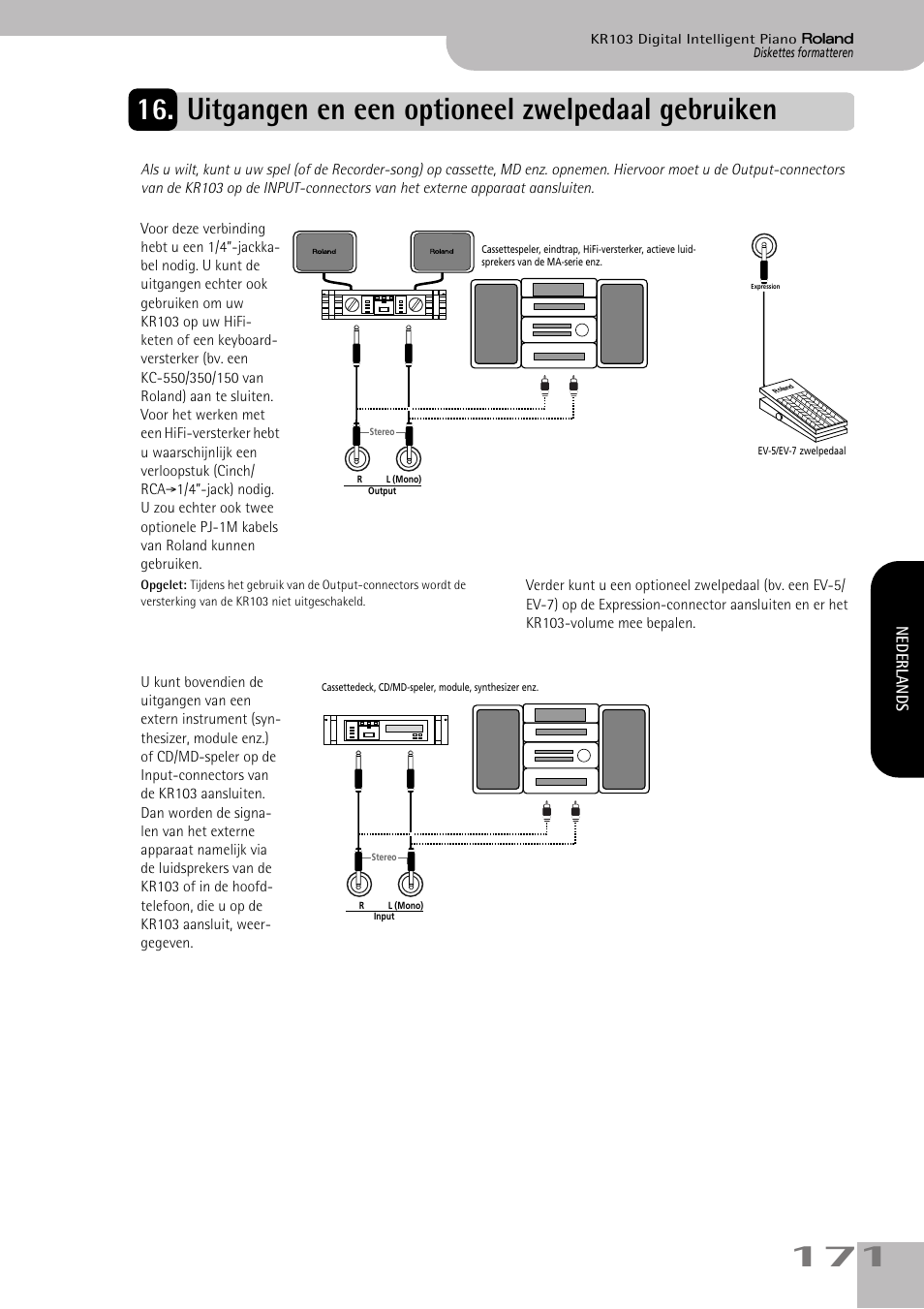 Uitgangen en een optioneel zwelpedaal gebruiken | Roland KR103 User Manual | Page 173 / 186