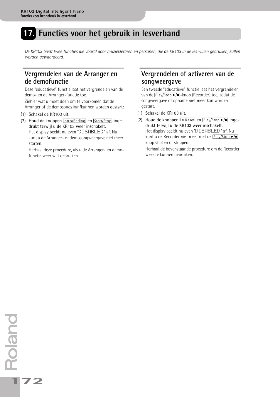Functies voor het gebruik in lesverband, Vergrendelen van de arranger en de demofunctie, Vergrendelen of activeren van de songweergave | Roland KR103 User Manual | Page 174 / 186