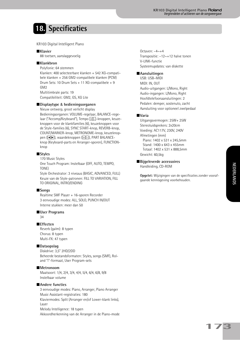 Specificaties | Roland KR103 User Manual | Page 175 / 186