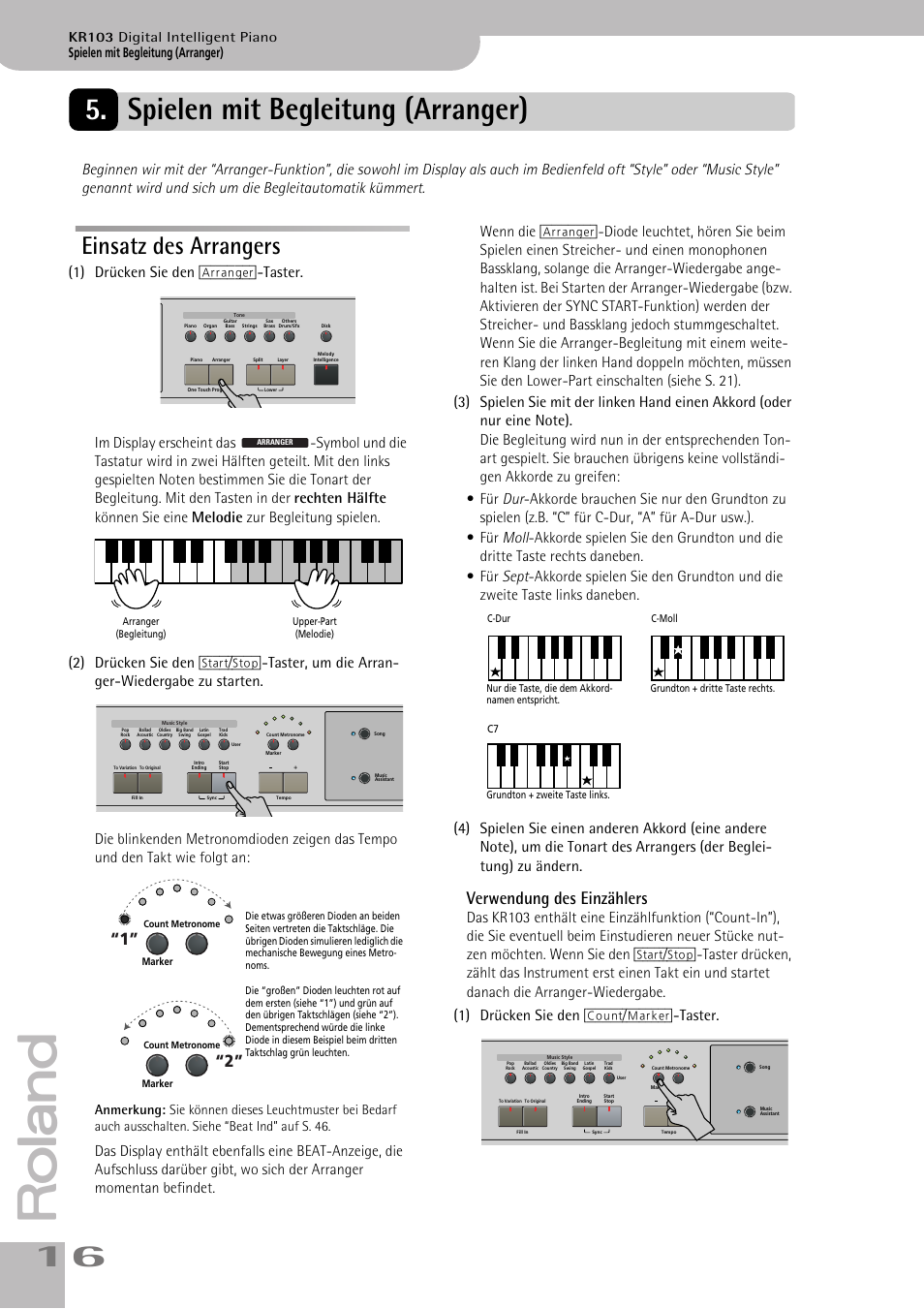 Spielen mit begleitung (arranger), Einsatz des arrangers, Ab s. 16 | Verwendung des einzählers, Kr103 digital intelligent piano | Roland KR103 User Manual | Page 18 / 186