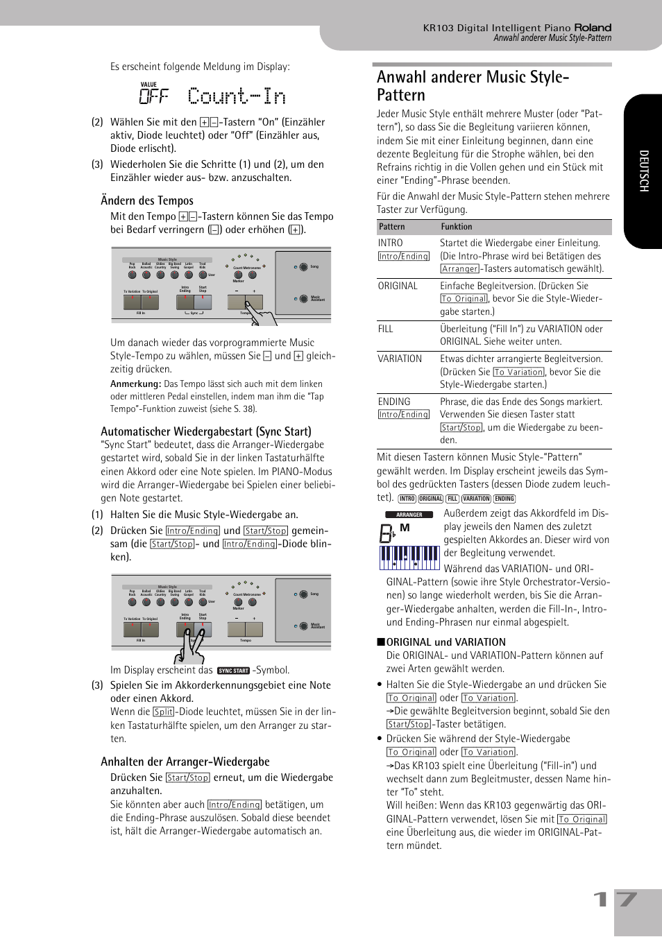 Anwahl anderer music style-pattern, Arranger) (s. 17), Count-in | Anwahl anderer music style- pattern, Ändern des tempos, Automatischer wiedergabestart (sync start), Anhalten der arranger-wiedergabe, Deutsch | Roland KR103 User Manual | Page 19 / 186