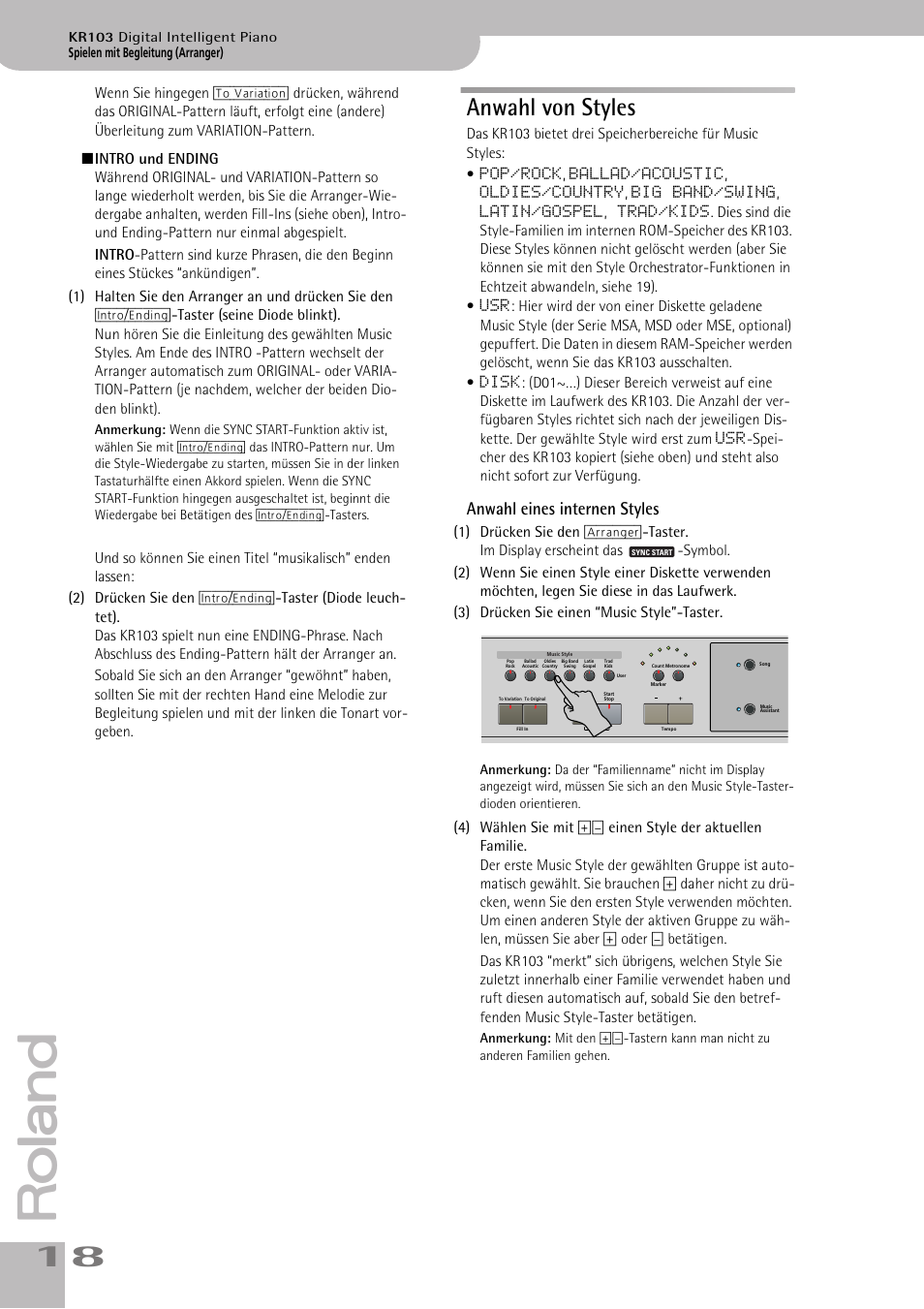 Anwahl von styles, Anwahl eines internen styles | Roland KR103 User Manual | Page 20 / 186