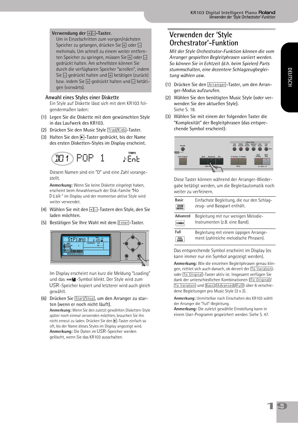 Verwenden der ‘style orchestrator’-funktion, Rierung des aktiven music styles. siehe s. 19, Pop 1 | Anwahl eines styles einer diskette, Deutsch | Roland KR103 User Manual | Page 21 / 186