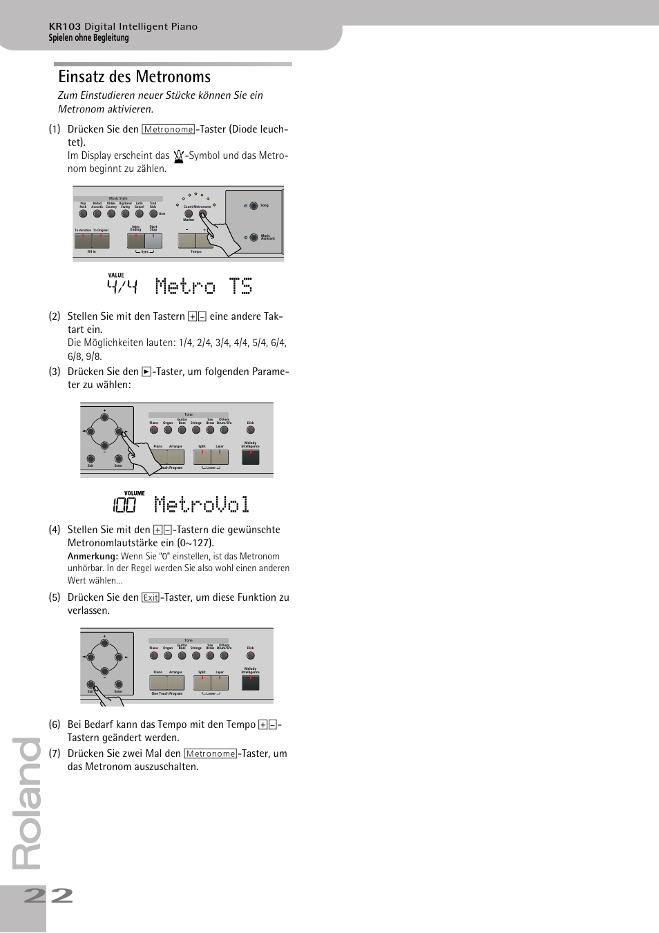 Einsatz des metronoms, Metro ts, Metrovol | Spielen ohne begleitung, Kr103 digital intelligent piano | Roland KR103 User Manual | Page 24 / 186