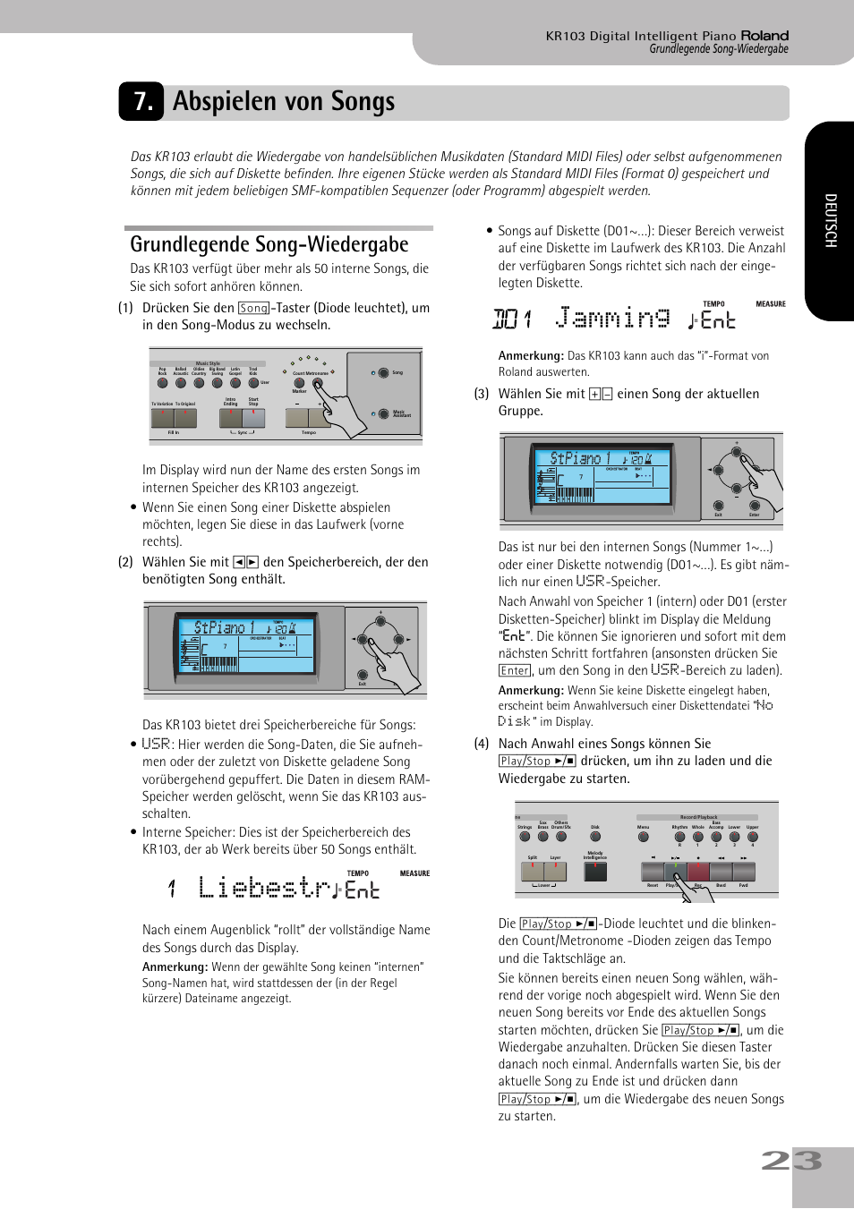 Abspielen von songs, Grundlegende song-wiedergabe, Wahl. siehe s. 23 und 28 | Liebestr, Jamming, Deutsch | Roland KR103 User Manual | Page 25 / 186