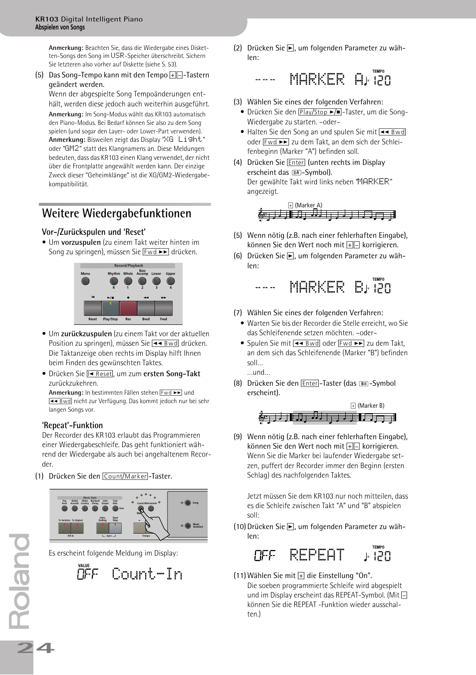 Weitere wiedergabefunktionen, Vor-/zurückspulen und ‘reset’ ‘repeat’-funktion, Count-in | Marker a, Marker b, Repeat, Vor-/zurückspulen und ‘reset, Repeat’-funktion | Roland KR103 User Manual | Page 26 / 186