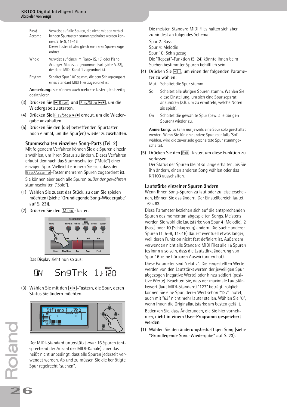 Sngtrk 1, Stummschalten einzelner song-parts (teil 2), Lautstärke einzelner spuren ändern | Roland KR103 User Manual | Page 28 / 186