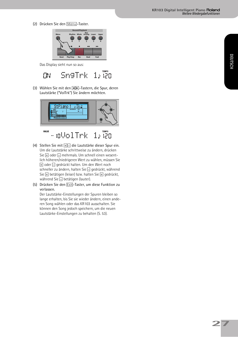 Sngtrk 1, Voltrk 1, Deutsch | Roland KR103 User Manual | Page 29 / 186