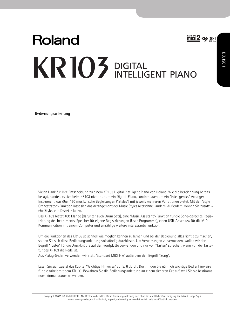 Bedienungsanleitung, P. 1) | Roland KR103 User Manual | Page 3 / 186