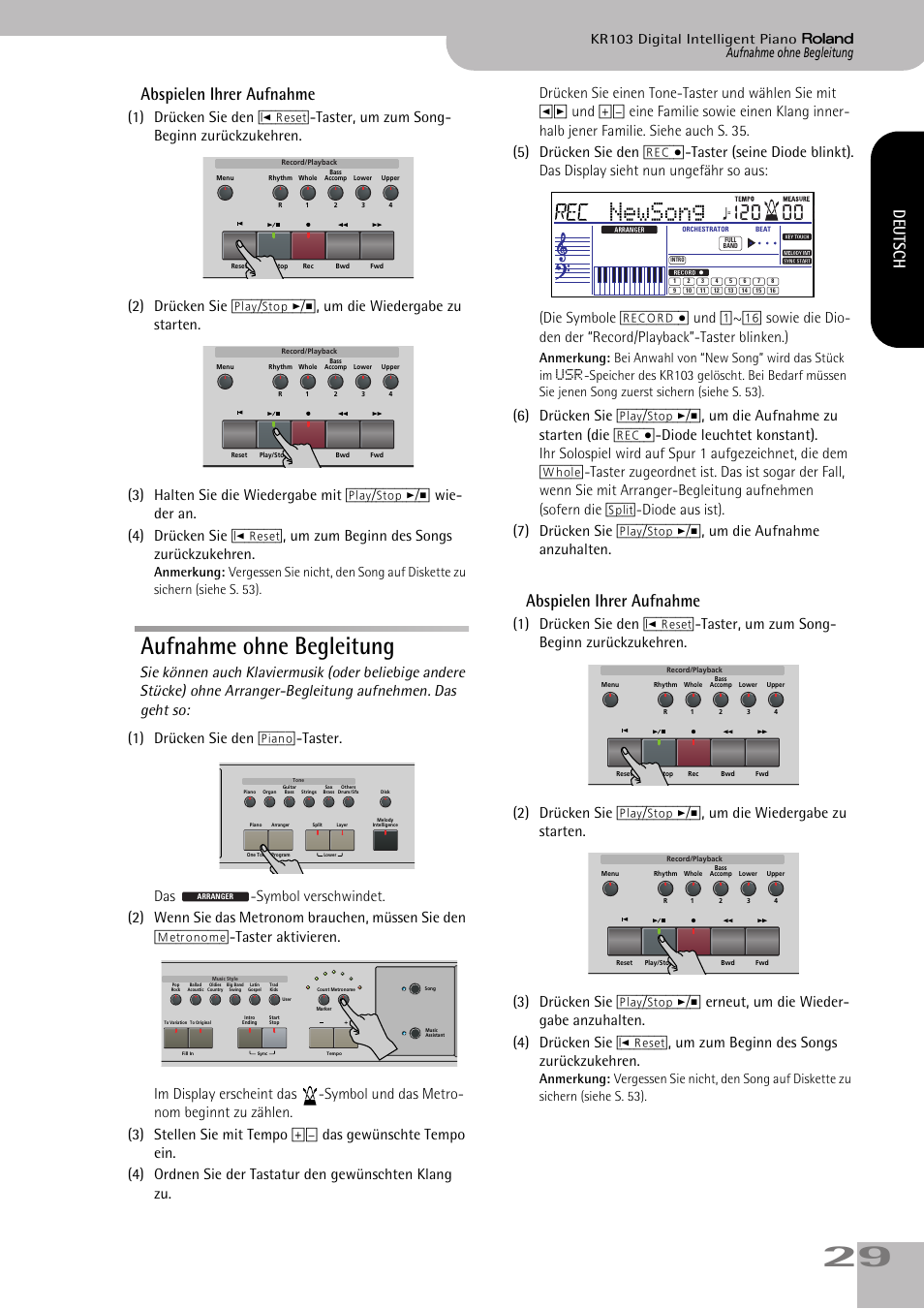 Aufnahme ohne begleitung, Newsong, Abspielen ihrer aufnahme | Deutsch | Roland KR103 User Manual | Page 31 / 186