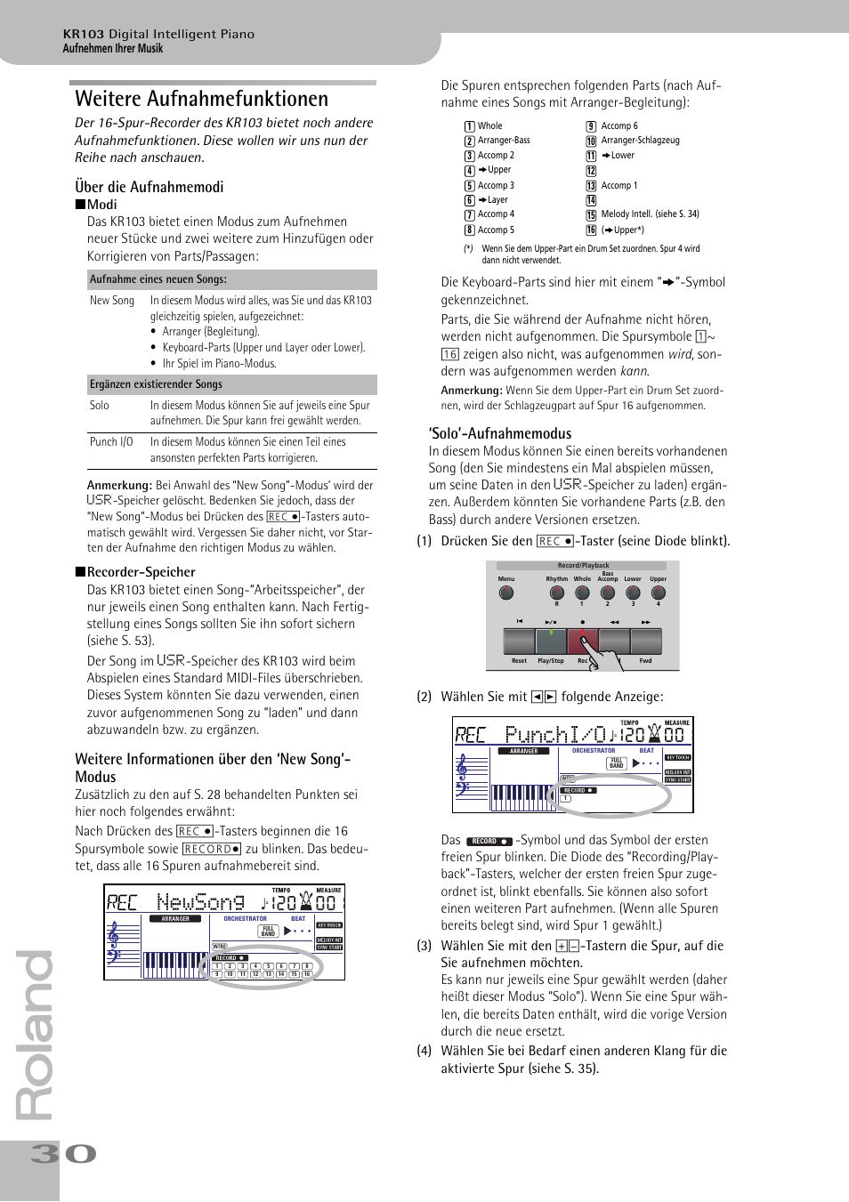 Weitere aufnahmefunktionen, Newsong, Punchi/o | Weitere informationen über den ‘new song’- modus | Roland KR103 User Manual | Page 32 / 186