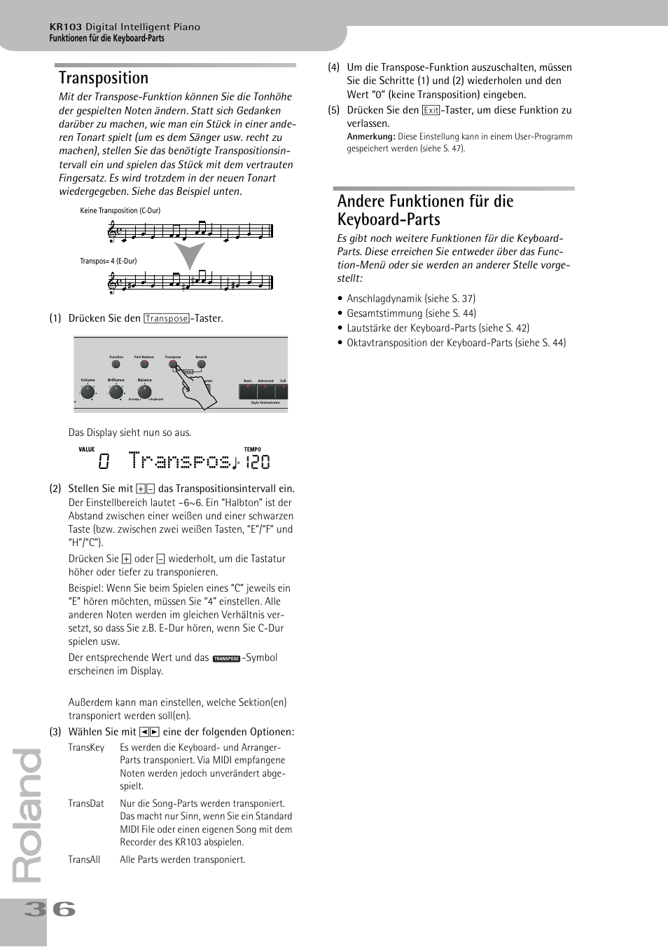 Transpos, Transposition, Andere funktionen für die keyboard-parts | Roland KR103 User Manual | Page 38 / 186