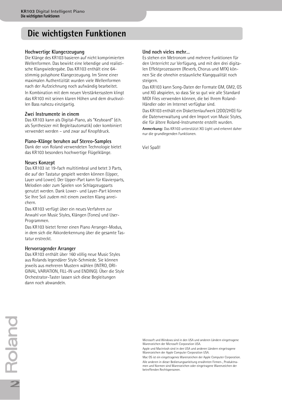 Die wichtigsten funktionen | Roland KR103 User Manual | Page 4 / 186