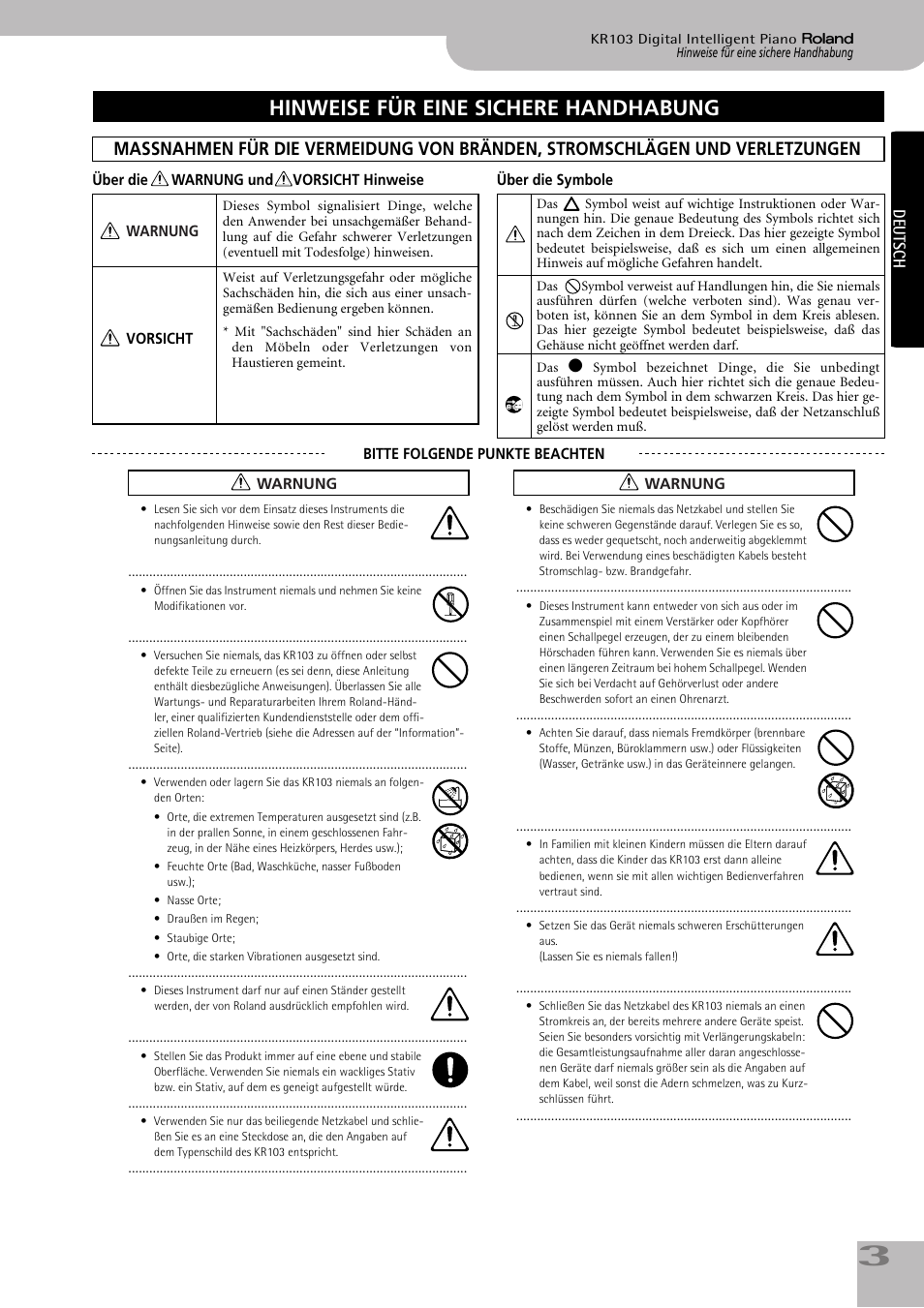 Hinweise für eine sichere handhabung | Roland KR103 User Manual | Page 5 / 186