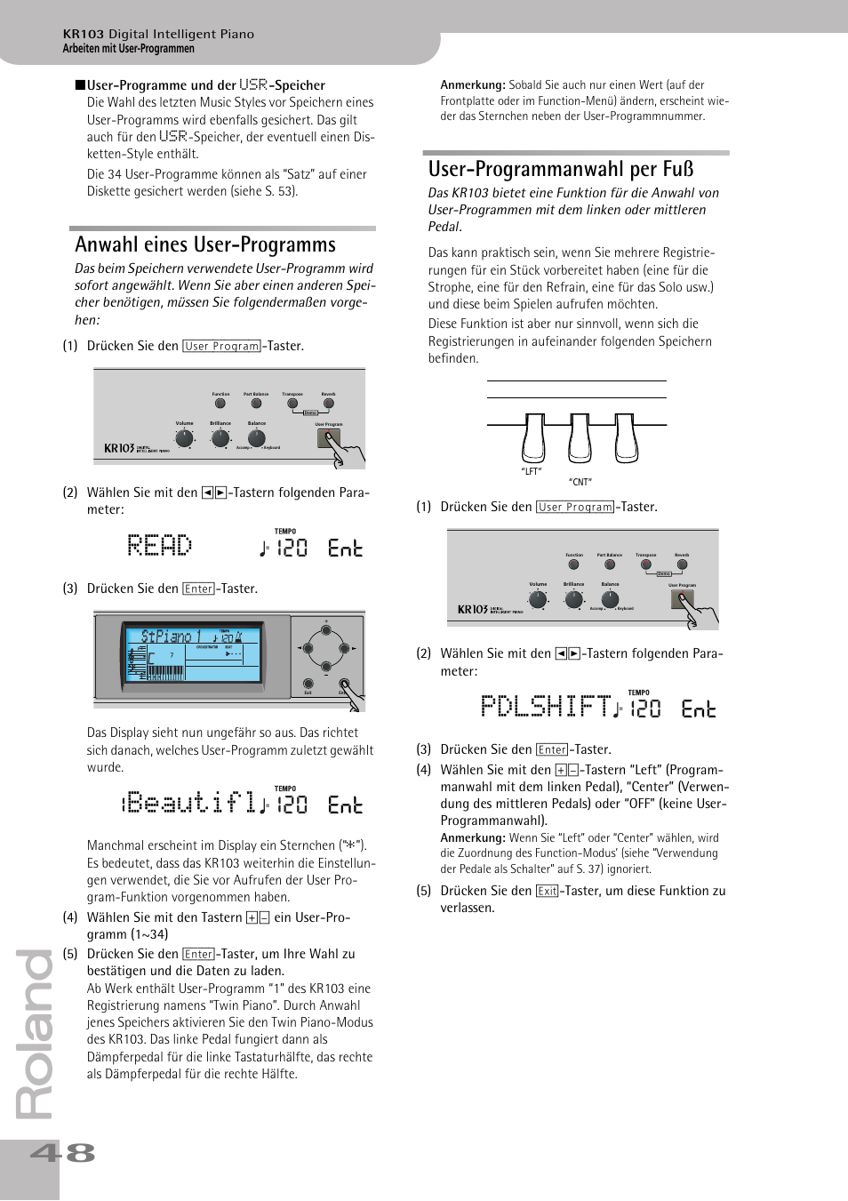 Einstellung s. 48 “off” lautet, Einstellung (siehe s. 48) “off” lautet, Read | Beautifl, Pdlshift, Anwahl eines user-programms, User-programmanwahl per fuß, 120 ent | Roland KR103 User Manual | Page 50 / 186