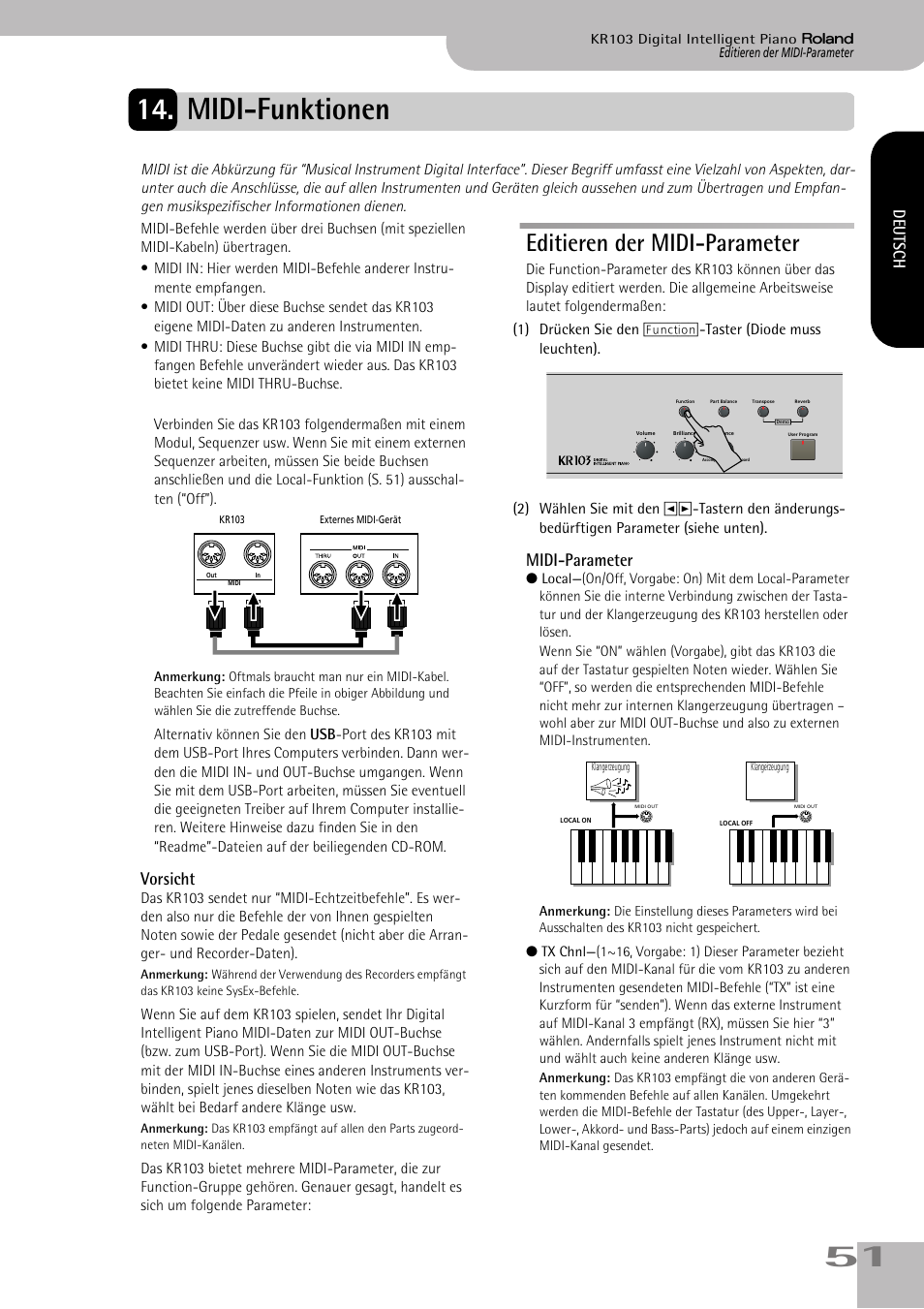 Midi-funktionen, Editieren der midi-parameter, Vorsicht | Midi-parameter, Deutsch | Roland KR103 User Manual | Page 53 / 186