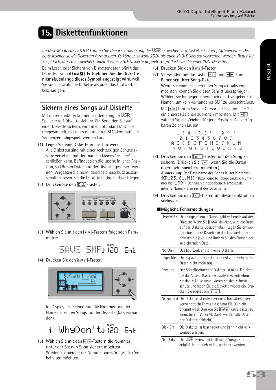 Diskettenfunktionen, Sichern eines songs auf diskette, Siehe s. 53 | Sie jenen song zuerst sichern (siehe s. 53), Sichern (siehe s. 53), Siehe s. 53), Legen sie eine diskette in das laufwerk, Save smf, Whydon't, 120 ent | Roland KR103 User Manual | Page 55 / 186
