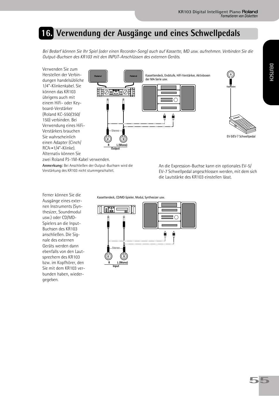 Verwendung der ausgänge und eines schwellpedals | Roland KR103 User Manual | Page 57 / 186