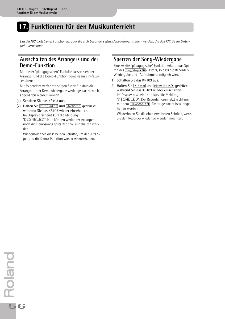Funktionen für den musikunterricht, Ausschalten des arrangers und der demo-funktion, Sperren der song-wiedergabe | Roland KR103 User Manual | Page 58 / 186