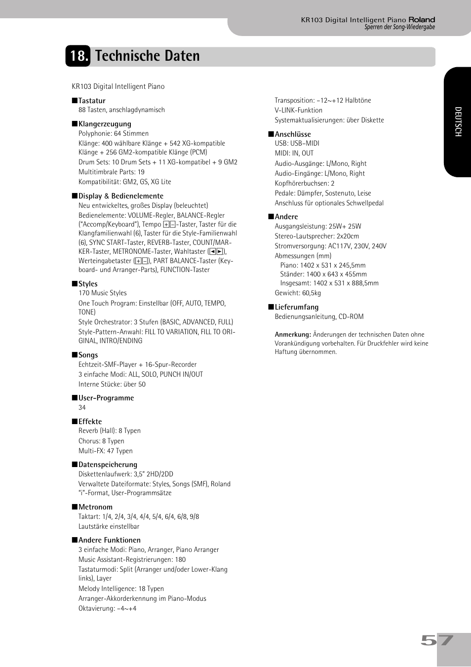 Technische daten | Roland KR103 User Manual | Page 59 / 186