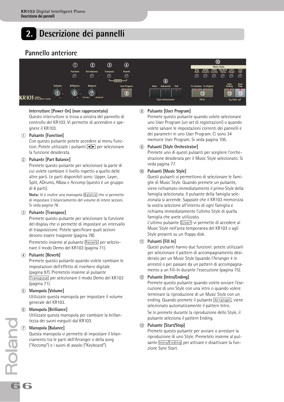 Descrizione dei pannelli, Pannello anteriore | Roland KR103 User Manual | Page 68 / 186