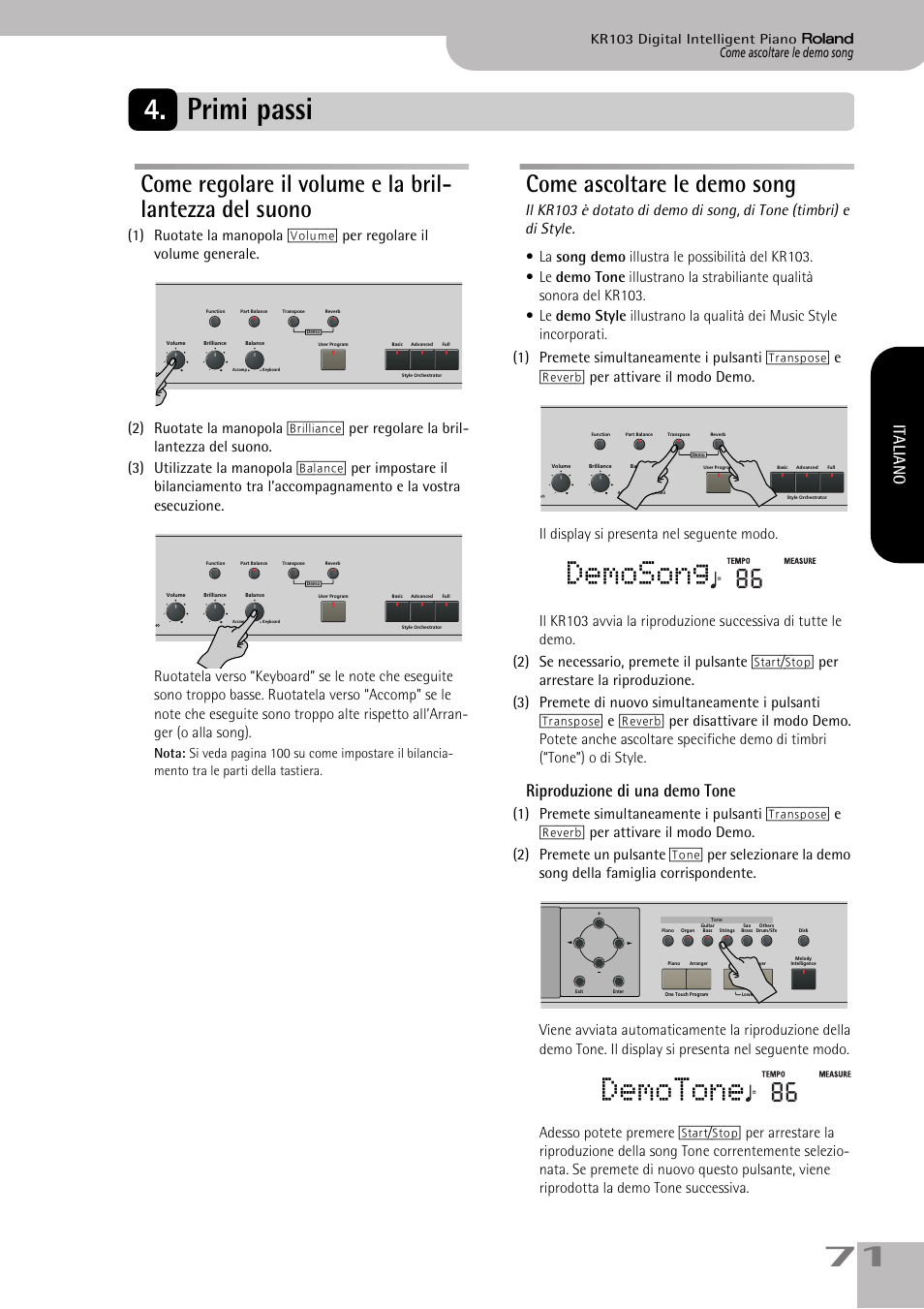 Primi passi, Demosong, Demotone | Come ascoltare le demo song, Riproduzione di una demo tone, Italiano | Roland KR103 User Manual | Page 73 / 186