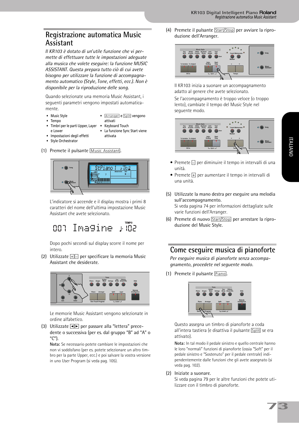 Imagine, Registrazione automatica music assistant, Come eseguire musica di pianoforte | Italiano | Roland KR103 User Manual | Page 75 / 186