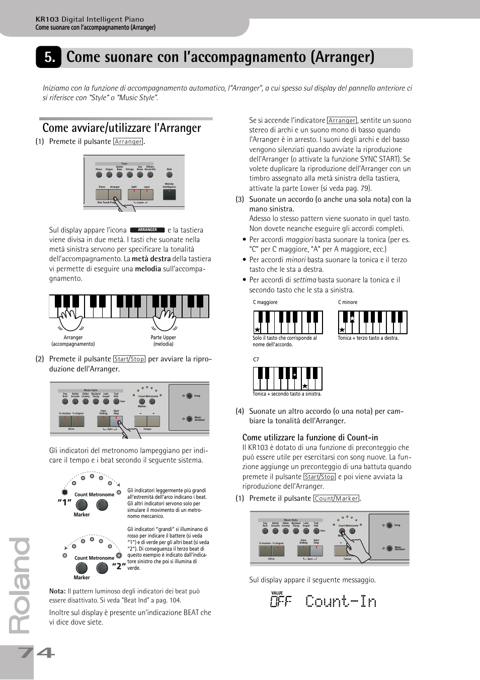 Come suonare con l’accompagnamento (arranger), Come avviare/utilizzare l’arranger, Count-in | Come utilizzare la funzione di count-in, Kr103 digital intelligent piano | Roland KR103 User Manual | Page 76 / 186
