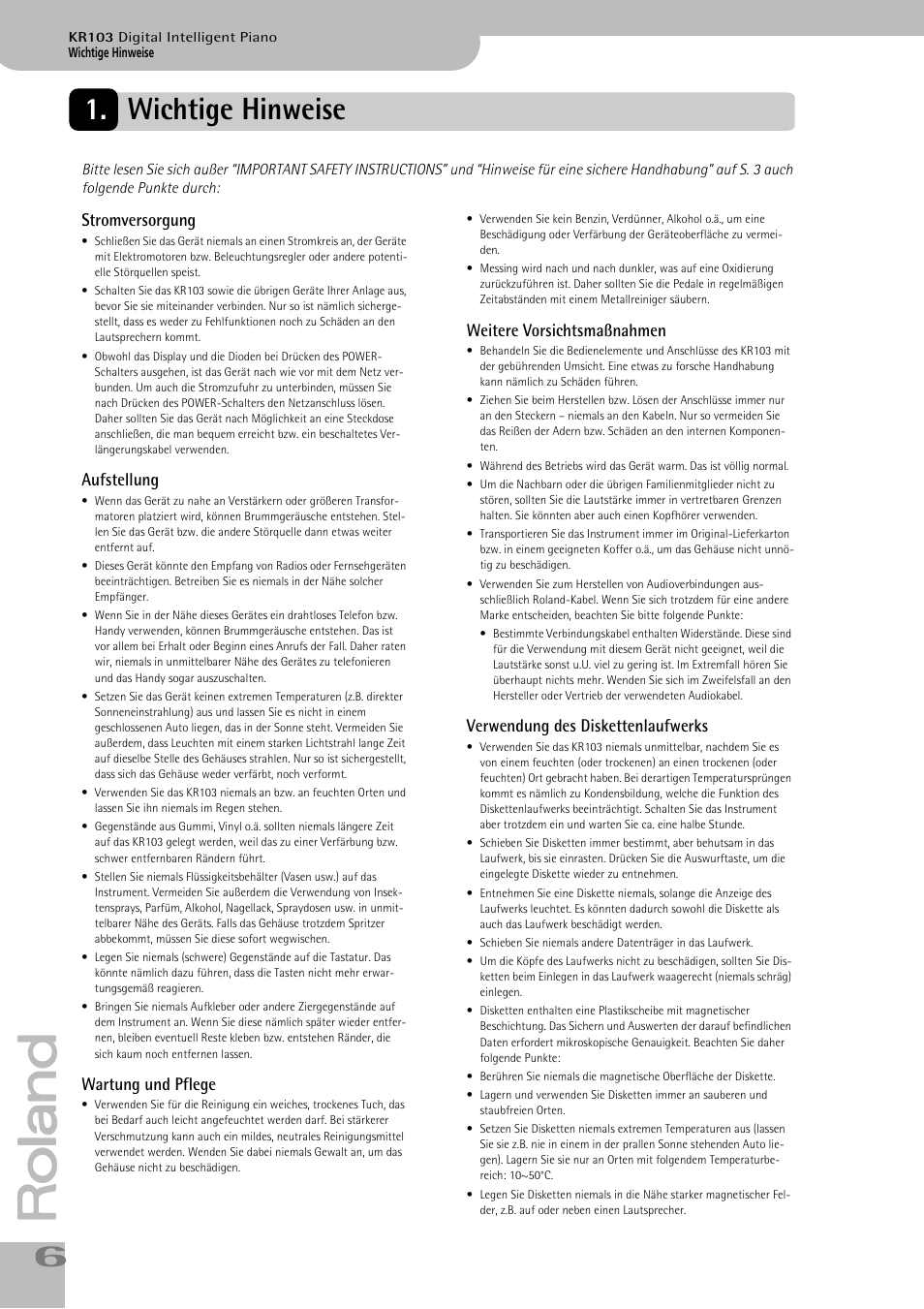 Wichtige hinweise, Verwendung des diskettenlaufwerks | Roland KR103 User Manual | Page 8 / 186