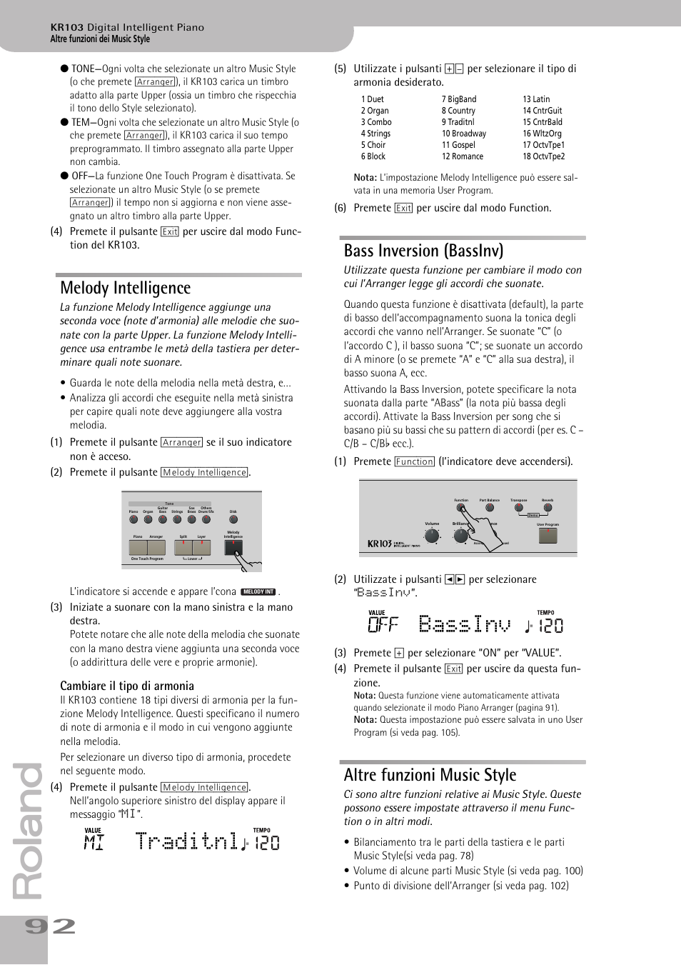 Melody intelligence bass inversion (bassinv), Altre funzioni music style, Pag. 92 | Melody intell. (si veda pag. 92), Traditnl, Bassinv, Melody intelligence, Bass inversion (bassinv), Cambiare il tipo di armonia | Roland KR103 User Manual | Page 94 / 186