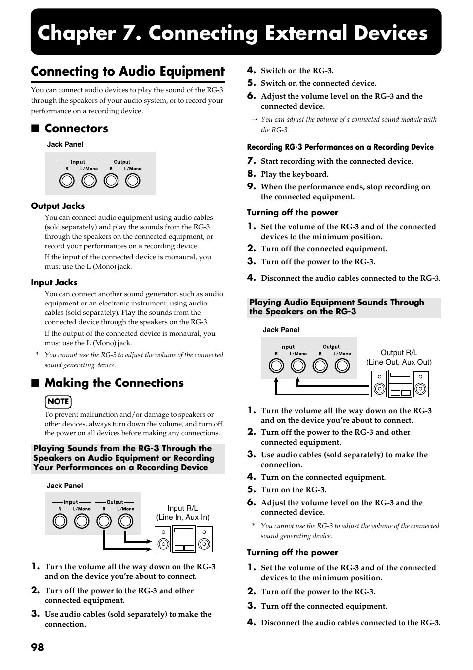 Chapter 7. connecting external devices, Connecting to audio equipment, Connectors | Making the connections, Connectors making the connections, Through the rg-3’s speakers (p. 98), Enjoy more powerful sound (p. 98) | Roland RG-3 User Manual | Page 100 / 124