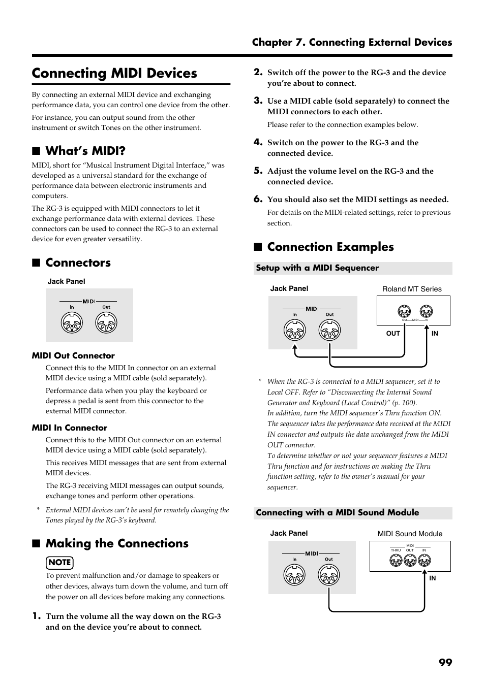 Connecting midi devices, What’s midi, Connectors | Making the connections, Connection examples, Performance data (p. 99), 99 chapter 7. connecting external devices | Roland RG-3 User Manual | Page 101 / 124