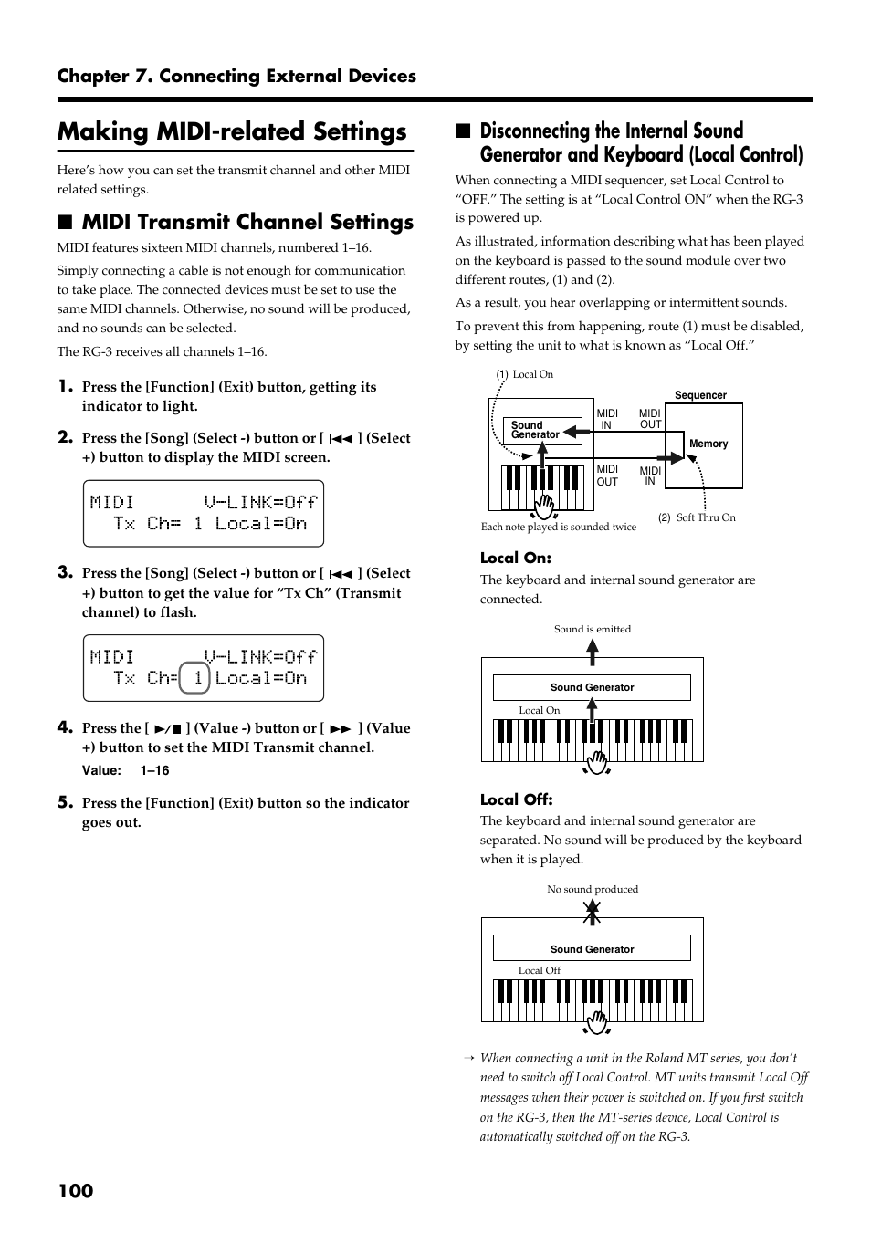 Making midi-related settings, Midi transmit channel settings, 100 chapter 7. connecting external devices | Roland RG-3 User Manual | Page 102 / 124