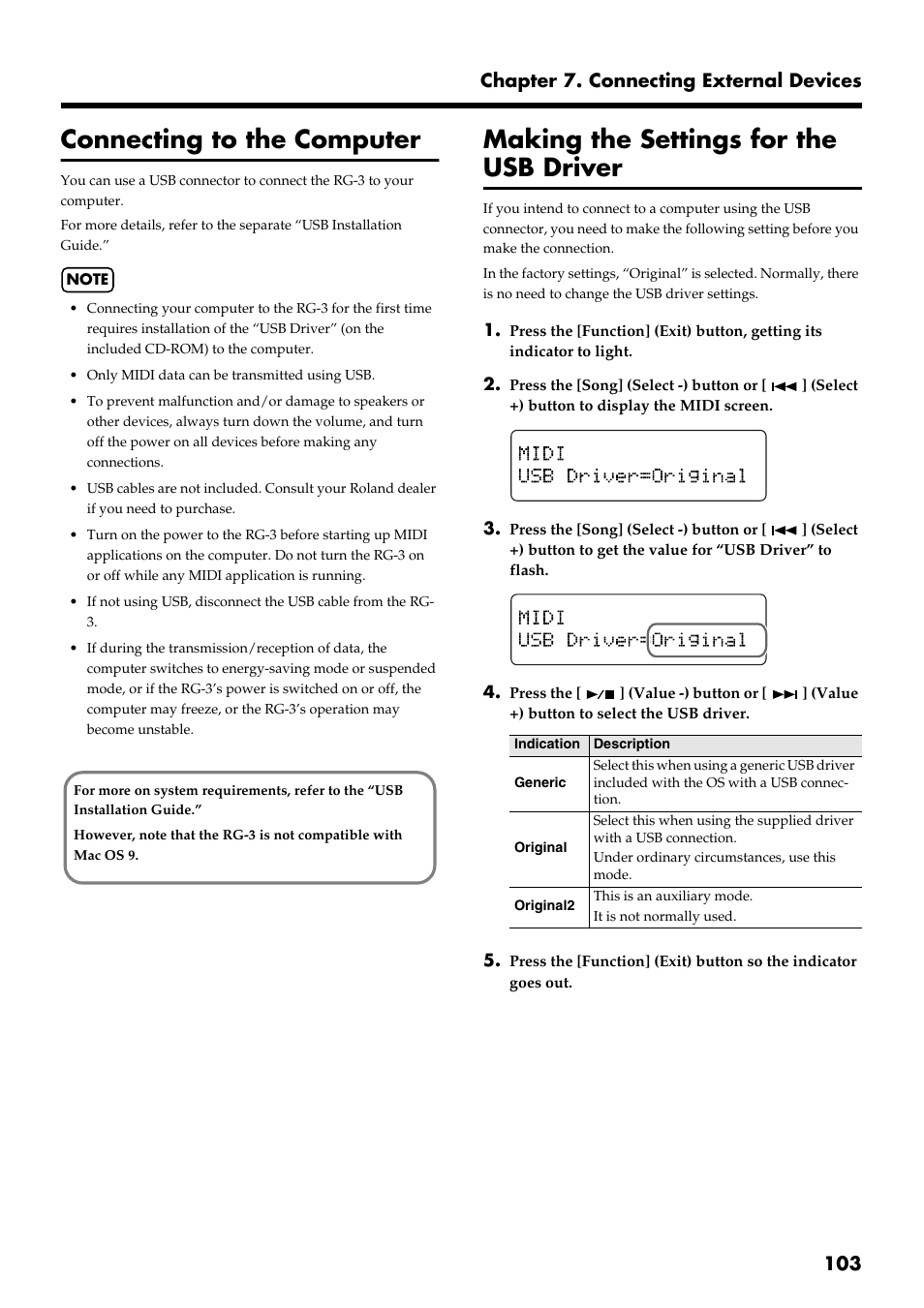 Connecting to the computer, Making the settings for the usb driver, Computer (p. 103) | 103 chapter 7. connecting external devices | Roland RG-3 User Manual | Page 105 / 124