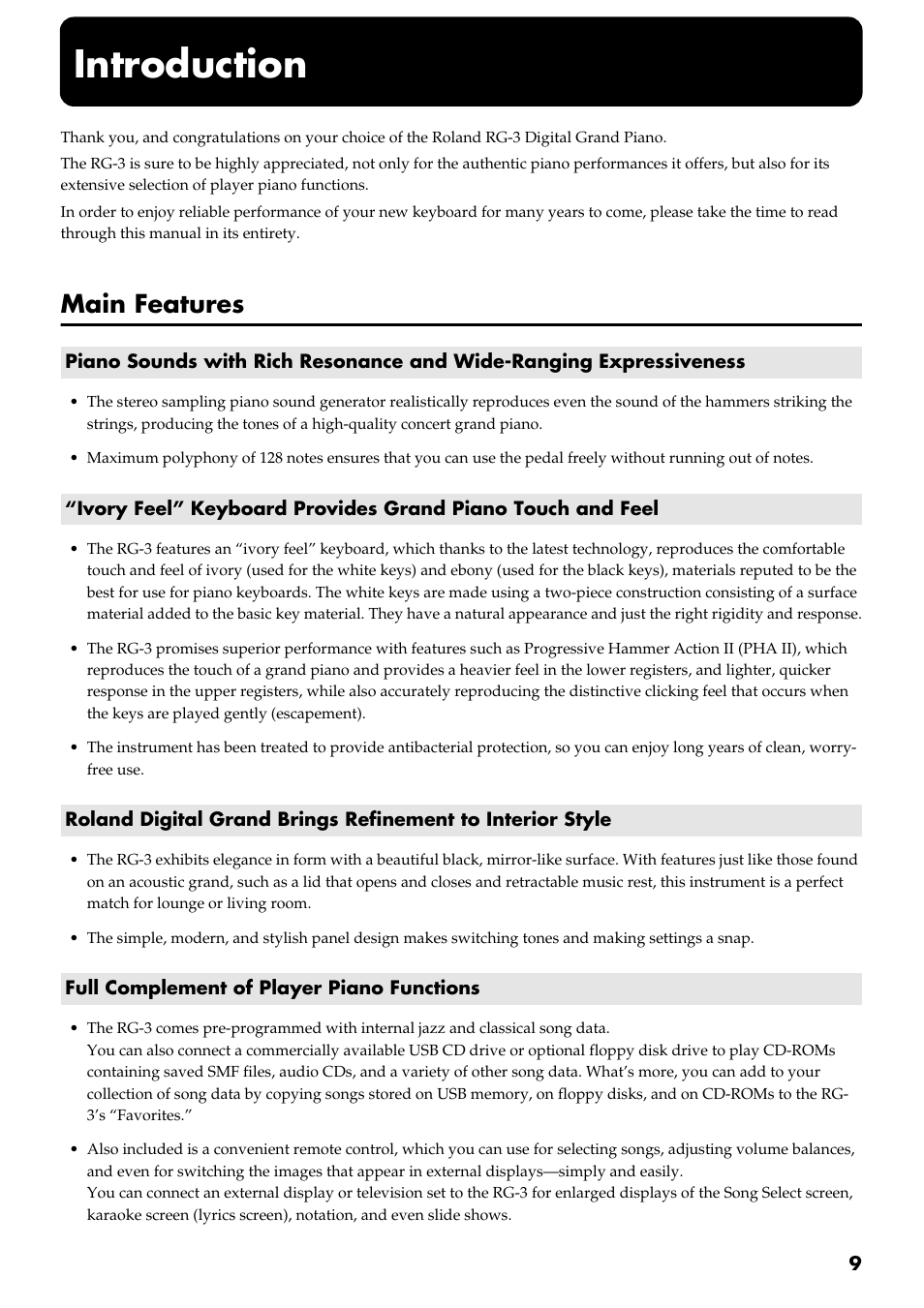 Introduction, Main features | Roland RG-3 User Manual | Page 11 / 124