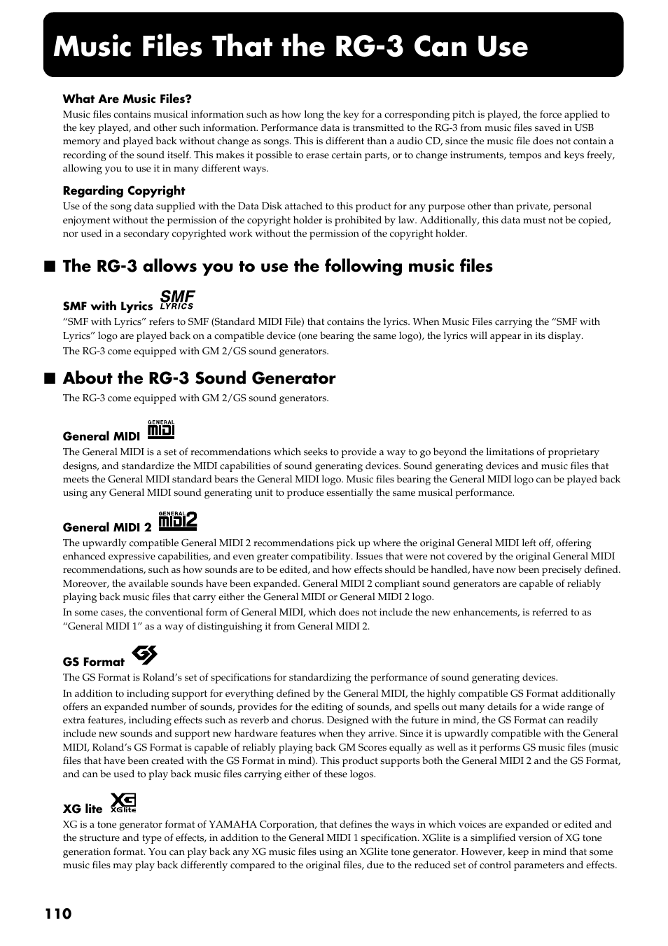 Music files that the rg-3 can use, About the rg-3 sound generator | Roland RG-3 User Manual | Page 112 / 124