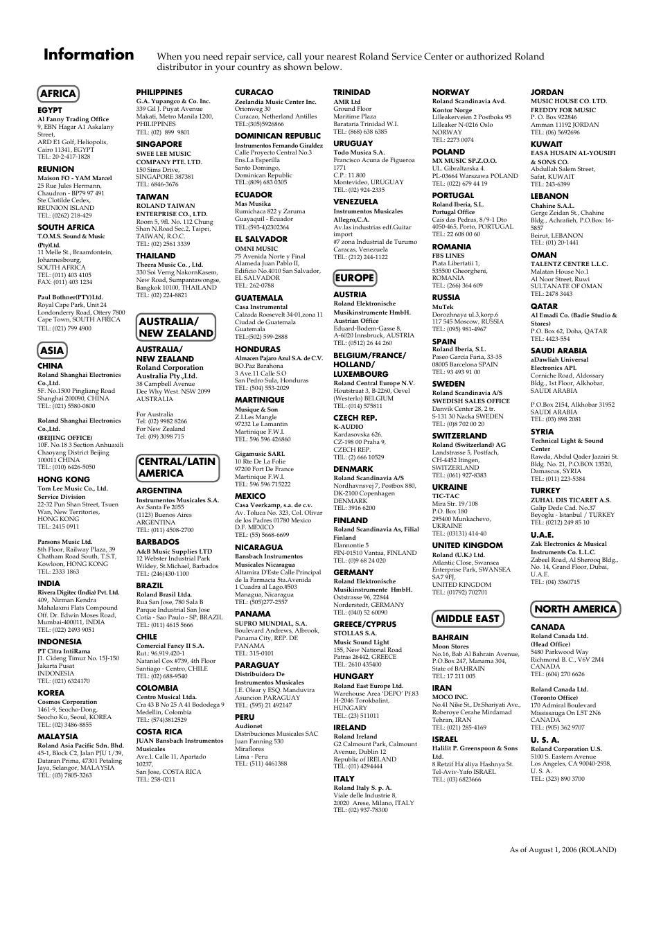Information | Roland RG-3 User Manual | Page 121 / 124