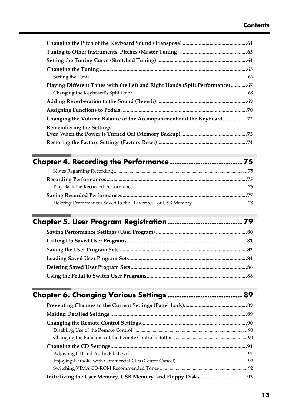 Chapter 4. recording the performance, Chapter 5. user program registration, Chapter 6. changing various settings | Roland RG-3 User Manual | Page 15 / 124