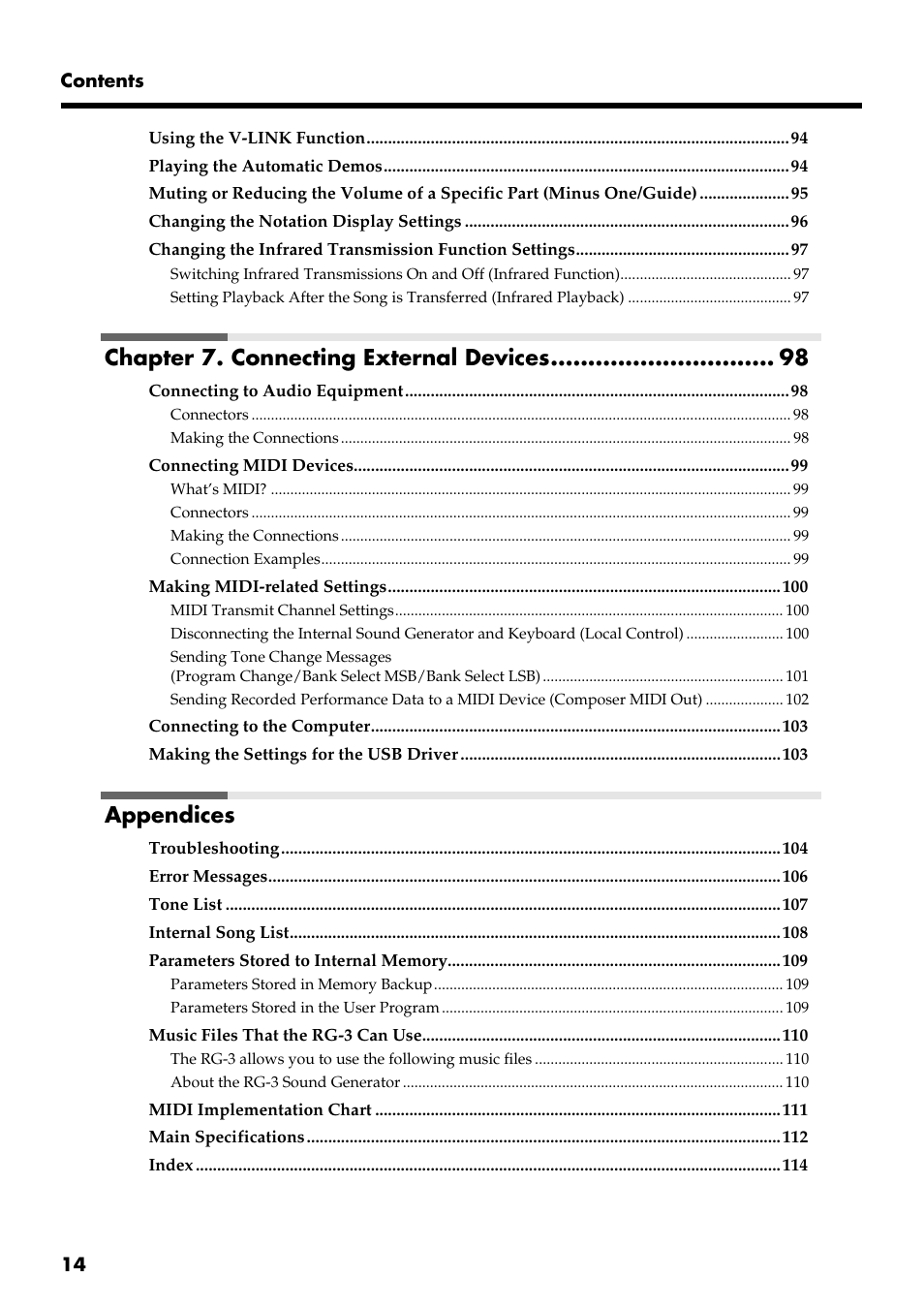 Chapter 7. connecting external devices, Appendices | Roland RG-3 User Manual | Page 16 / 124