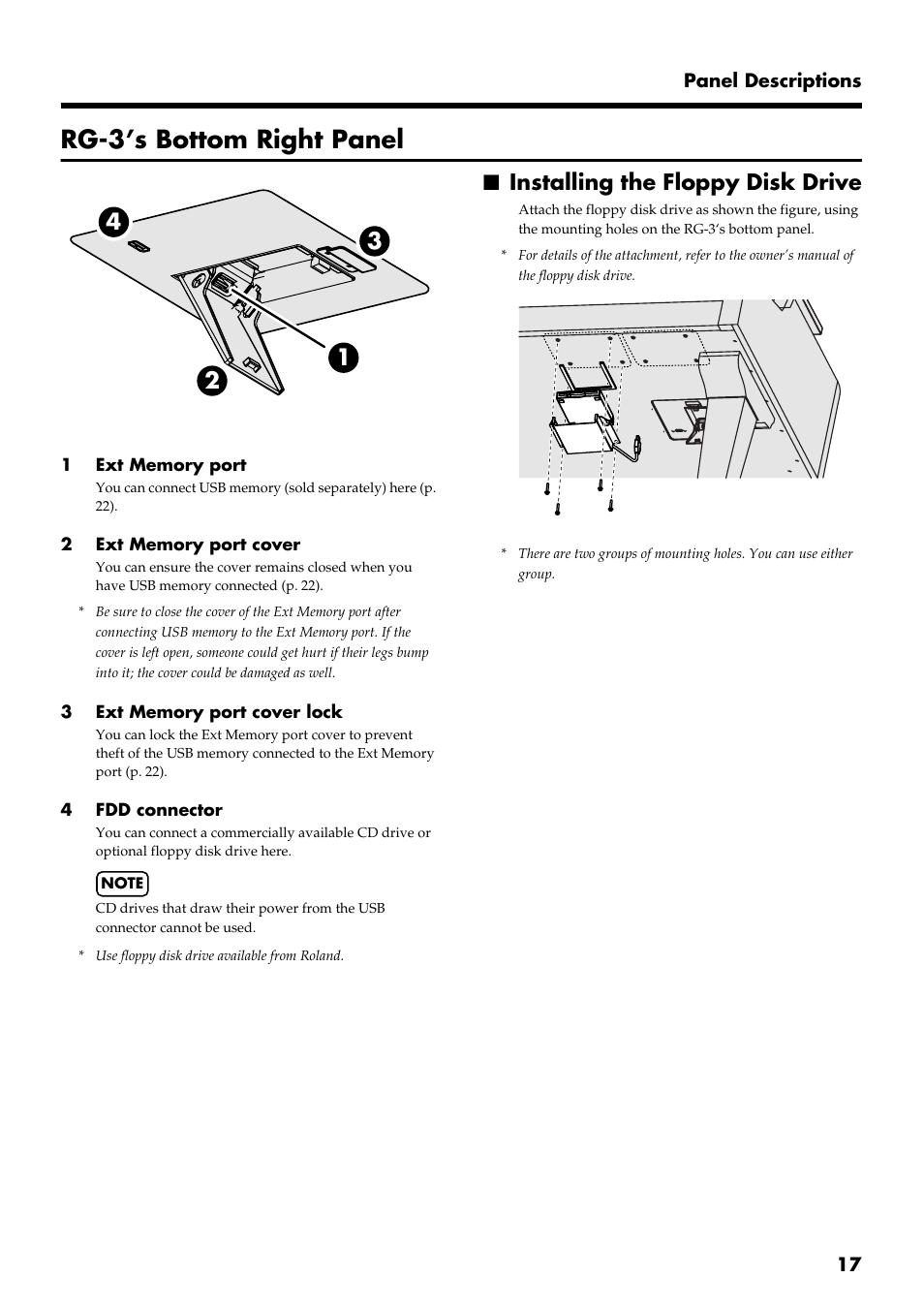 Rg-3’s bottom right panel, Installing the floppy disk drive | Roland RG-3 User Manual | Page 19 / 124