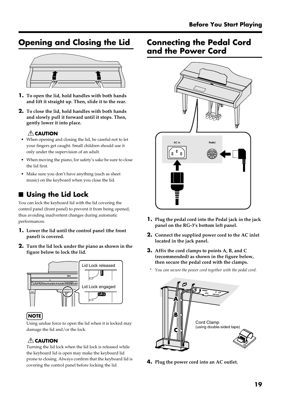 Opening and closing the lid, Using the lid lock, Connecting the pedal cord and the power cord | Connect the pedal cord here (p. 19), 19 before you start playing | Roland RG-3 User Manual | Page 21 / 124