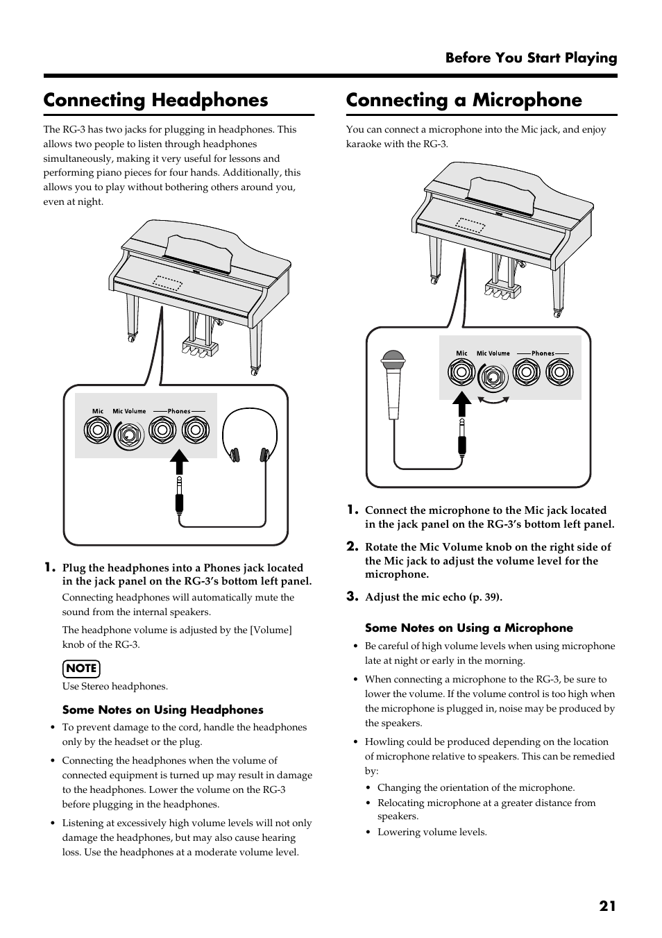 Connecting headphones, Connecting a microphone, Used for connecting microphone (p. 21) | Connect the headphones here (p. 21), 21 before you start playing | Roland RG-3 User Manual | Page 23 / 124