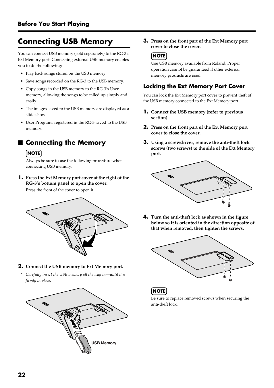 Connecting usb memory, Connecting the memory, 22 before you start playing | Roland RG-3 User Manual | Page 24 / 124