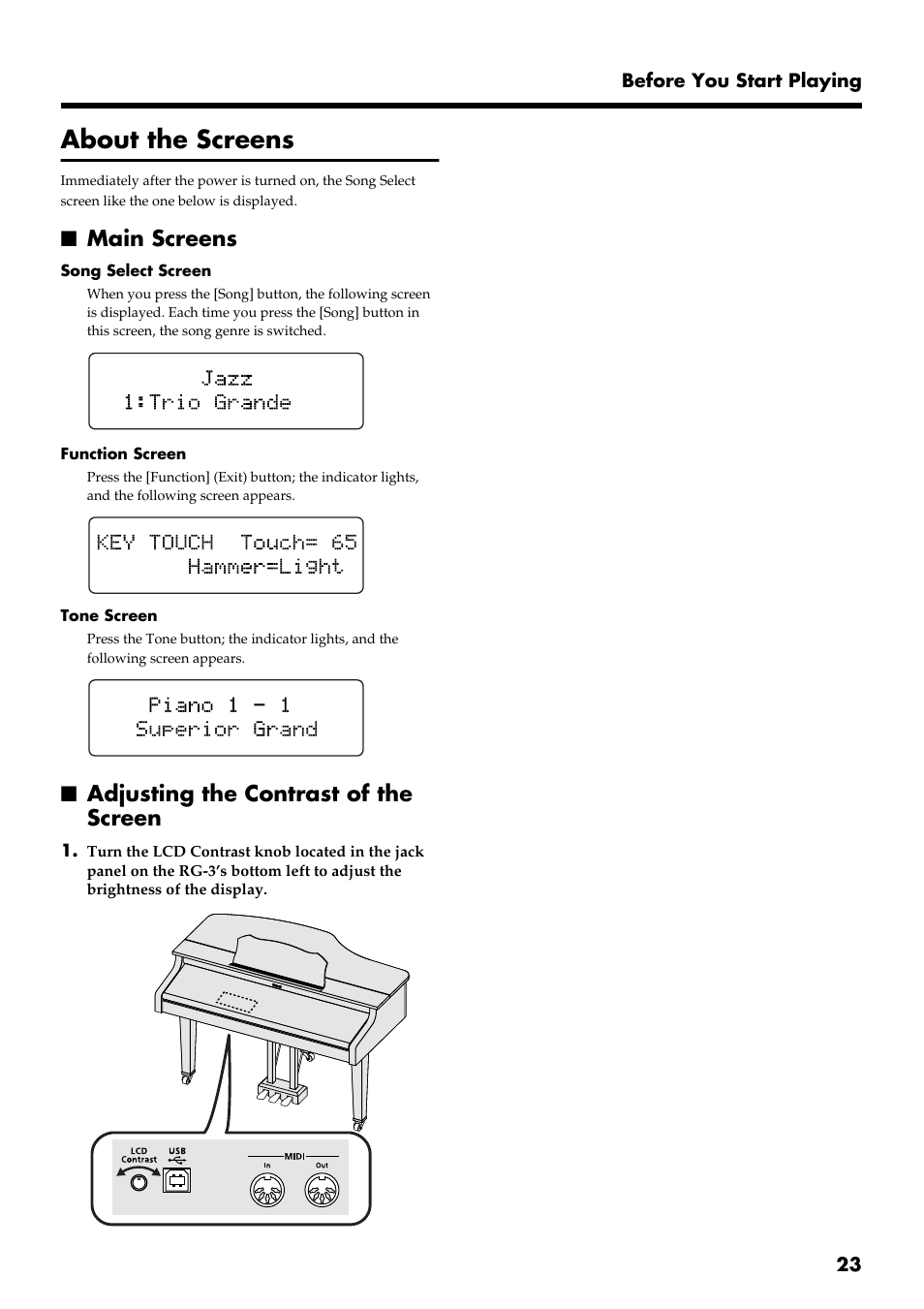 About the screens, Main screens, Adjusting the contrast of the screen | Main screens adjusting the contrast of the screen, Settings are displayed here (p. 23), 23 before you start playing | Roland RG-3 User Manual | Page 25 / 124