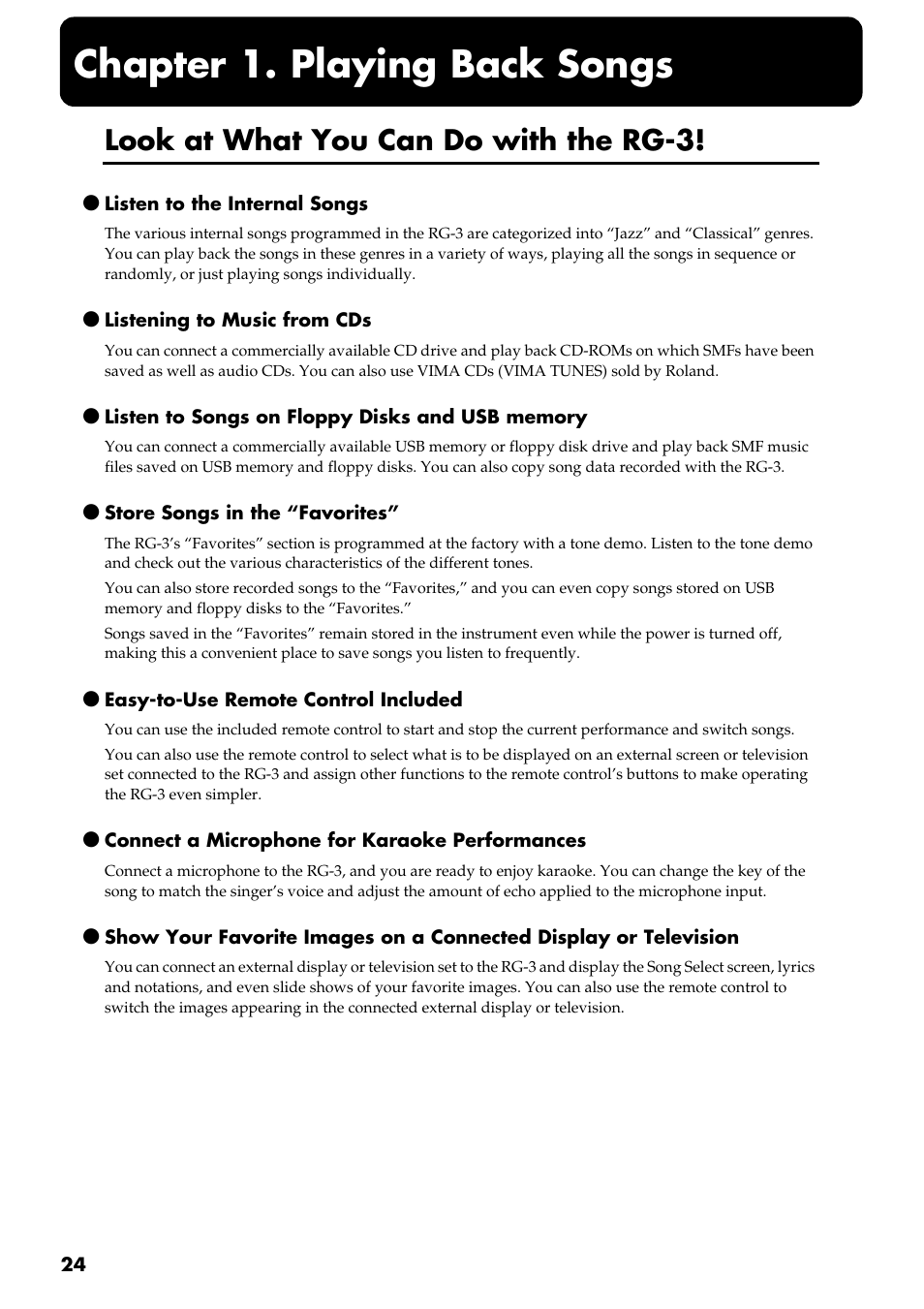 Chapter 1. playing back songs, Look at what you can do with the rg-3 | Roland RG-3 User Manual | Page 26 / 124