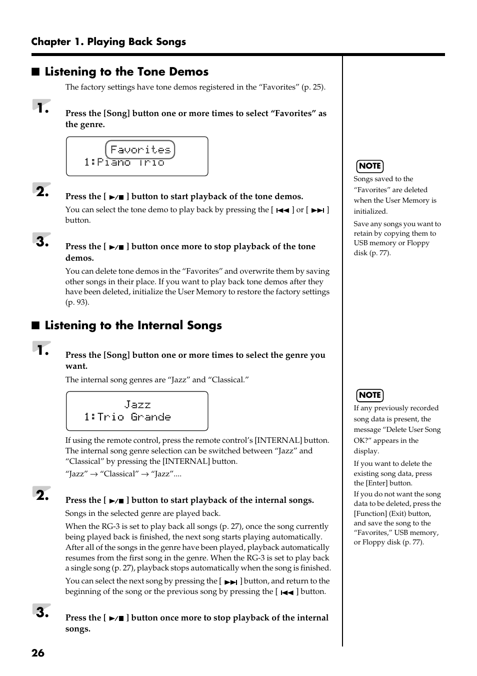 Listening to the tone demos, Listening to the internal songs | Roland RG-3 User Manual | Page 28 / 124