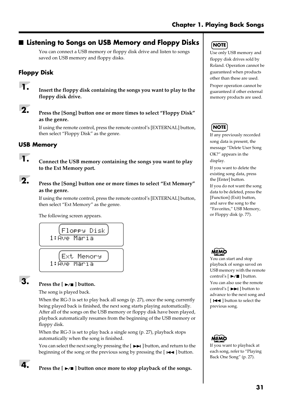 Listening to songs on usb memory and floppy disks | Roland RG-3 User Manual | Page 33 / 124