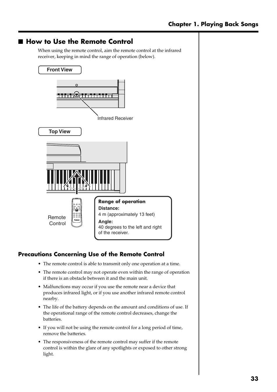 How to use the remote control, Remote control to operate the rg-3 (p. 33), 33 chapter 1. playing back songs | Precautions concerning use of the remote control | Roland RG-3 User Manual | Page 35 / 124